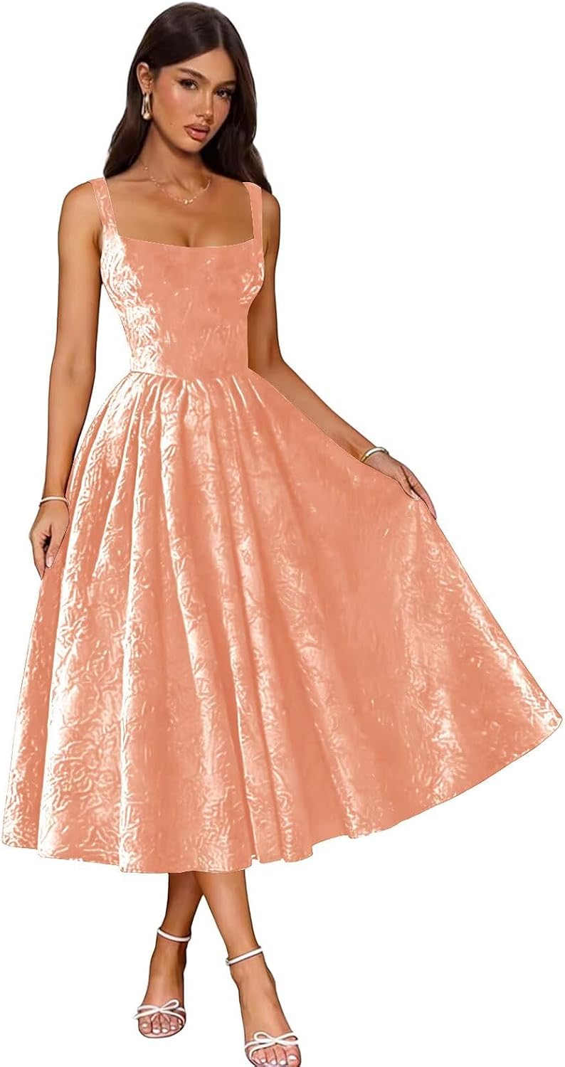 Jacquard Satin Prom Dresses 2026 Floral Square Neck Tea Length Ruched Elegant Formal Ball Gown with Pockets