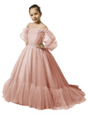 Puffy Sleeves Flower Girl Dress for Wedding Tulle Princess Pageant Dress Kids Prom Ball Gown with Belt
