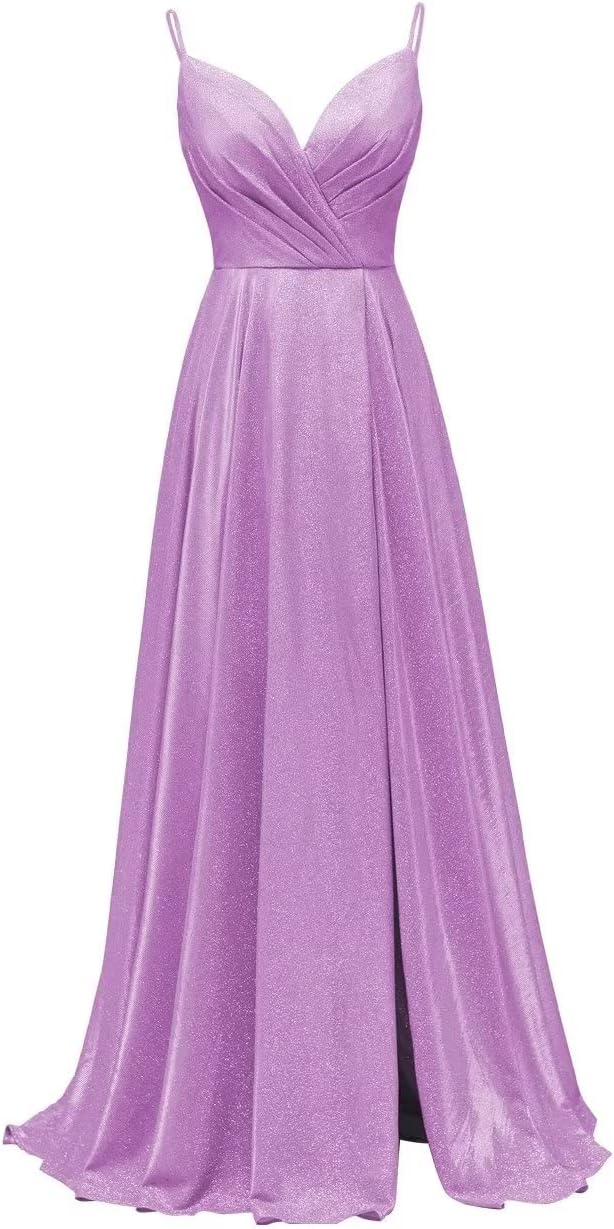 Women's Spaghetti Straps Prom Dresses Long V-Neck Sparkling Bridesmaid Dresses Formal Evening Gowns with High Slit
