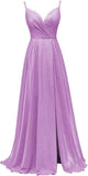 Women's Spaghetti Straps Prom Dresses Long V-Neck Sparkling Bridesmaid Dresses Formal Evening Gowns with High Slit