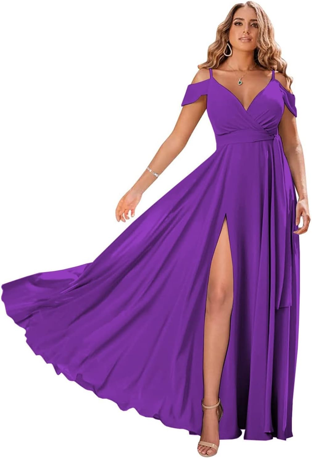 Schulterfreie Brautjungfernkleider 2025 für Frauen, langes Chiffon-Abendkleid mit V-Ausschnitt und Schlitz
