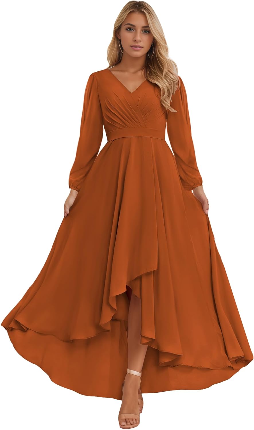 Long Sleeve Bridesmaid Dresses for Women 2025 V Neck Ruched Chiffon Formal Dress