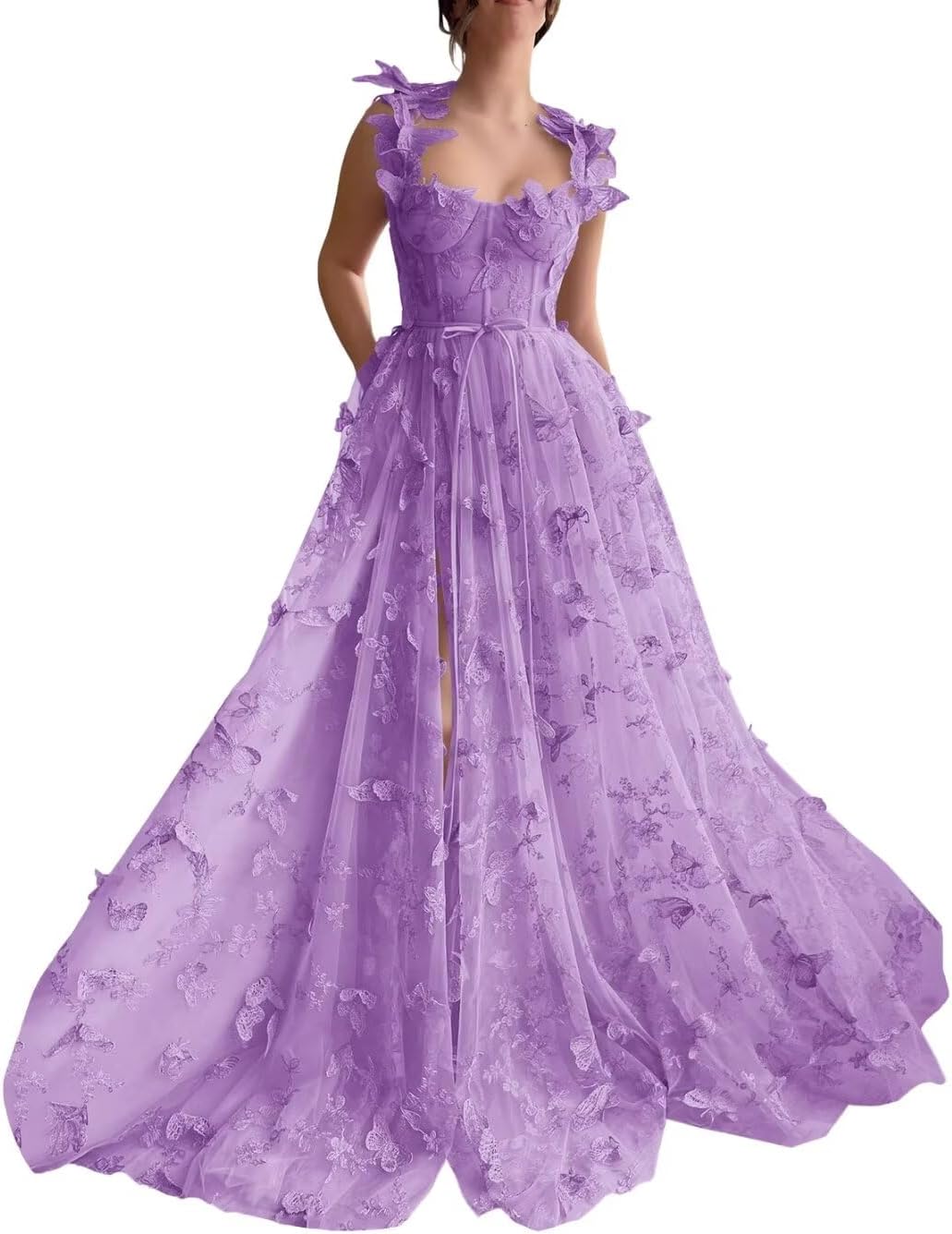 Vestidos de fiesta largos de tul con mariposas 3D para adolescentes, vestidos de fiesta formales de noche bordados con abertura 