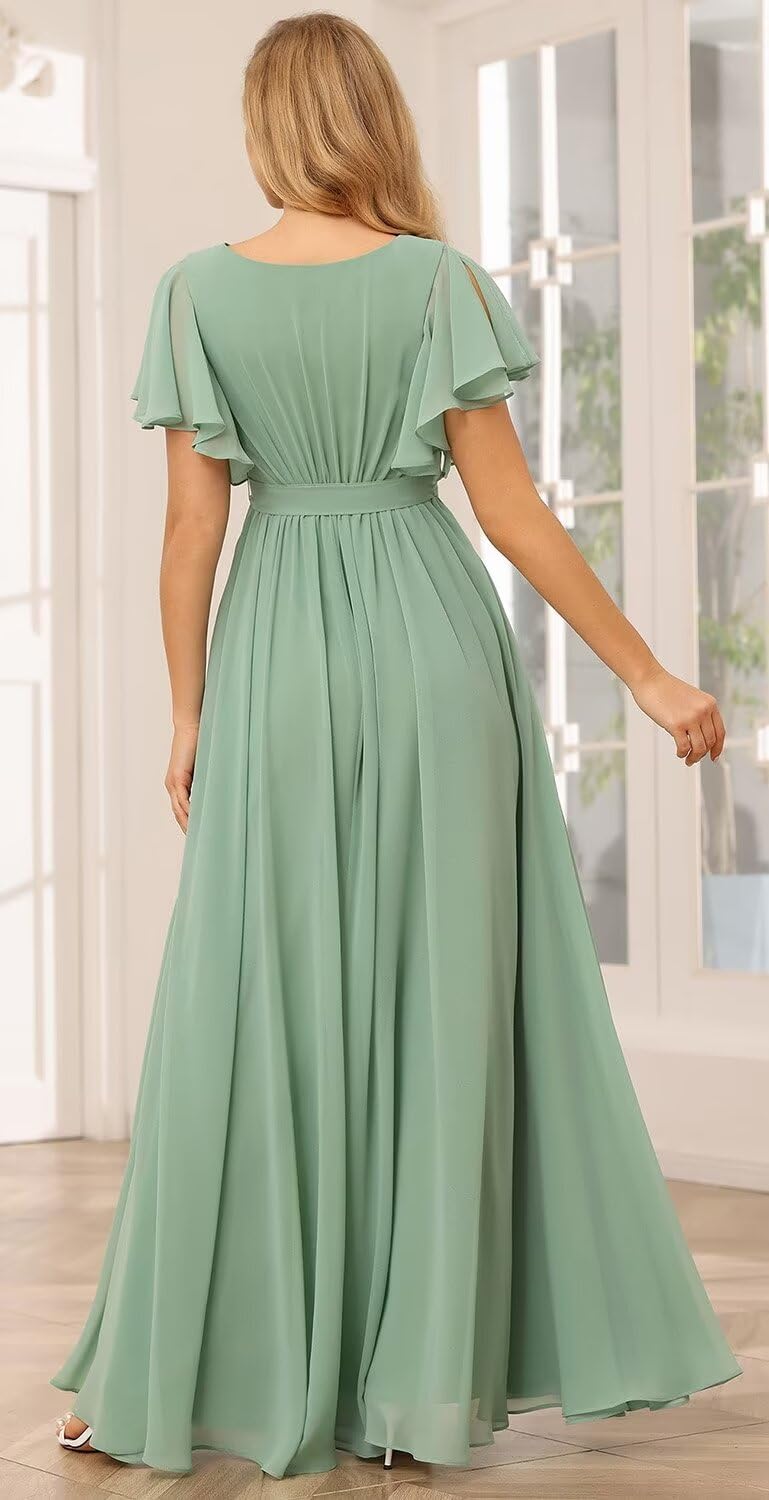 Damen Brautjungfernkleider mit Flatterärmeln, lang, mit Taschen, V-Ausschnitt, Chiffon, formelle Kleider 