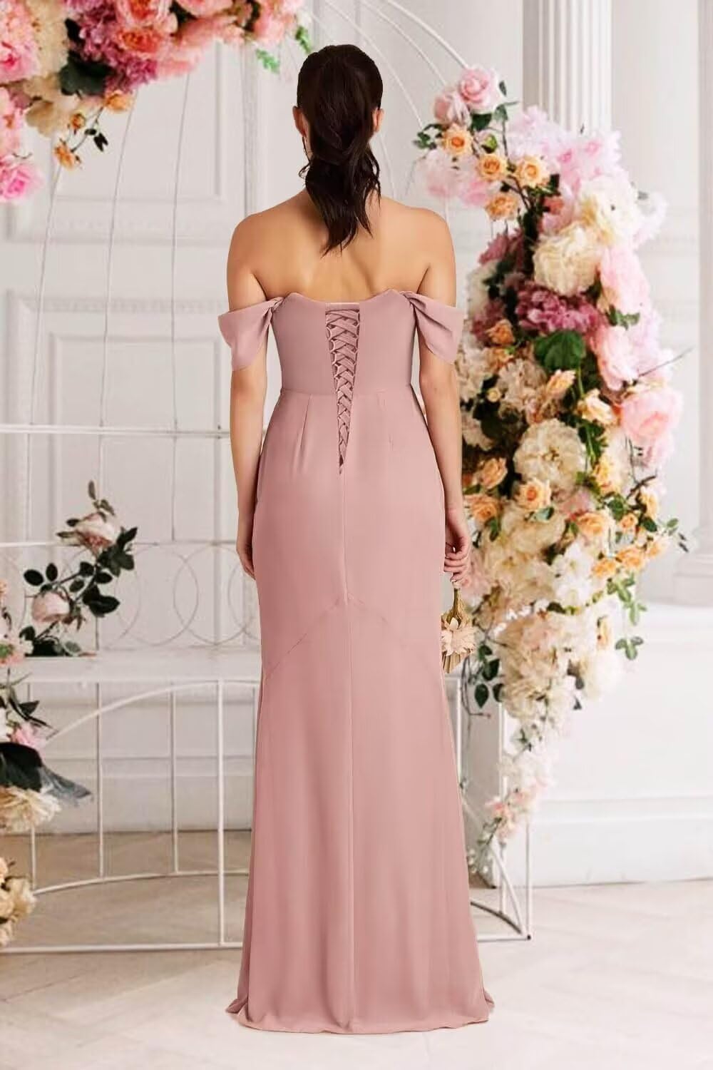 Kingbridal Gowns Off Shoulder Chiffon Bridesmaid Dresses for Women 2026 Long Ruched Cowl Neck Formal Evening Party Dress with Slit