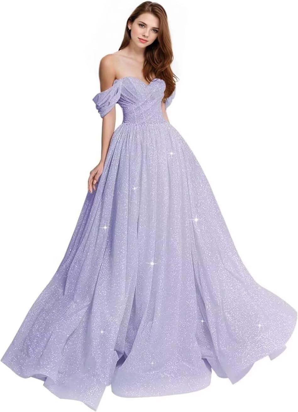Sparkly Tulle Prom Dress 2026 Off The Shoulder Formal Dresses for Women Glitter A Line Long Ball Gown