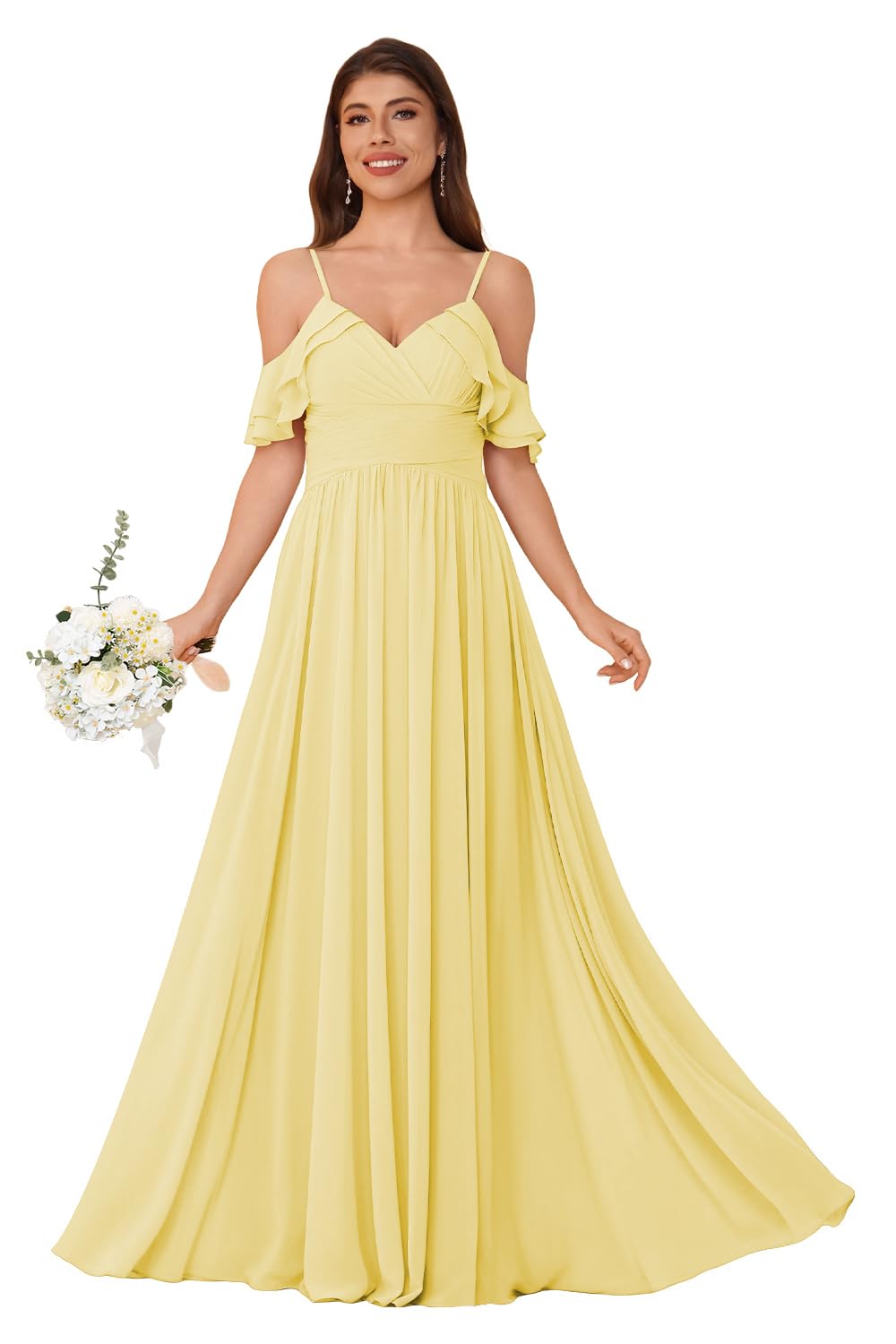 Women's Long Chiffon Bridesmaid Dresses Ruffle V Neck Formal Evening Prom Gown Spaghetti Strap Maxi Wedding Guest Dress