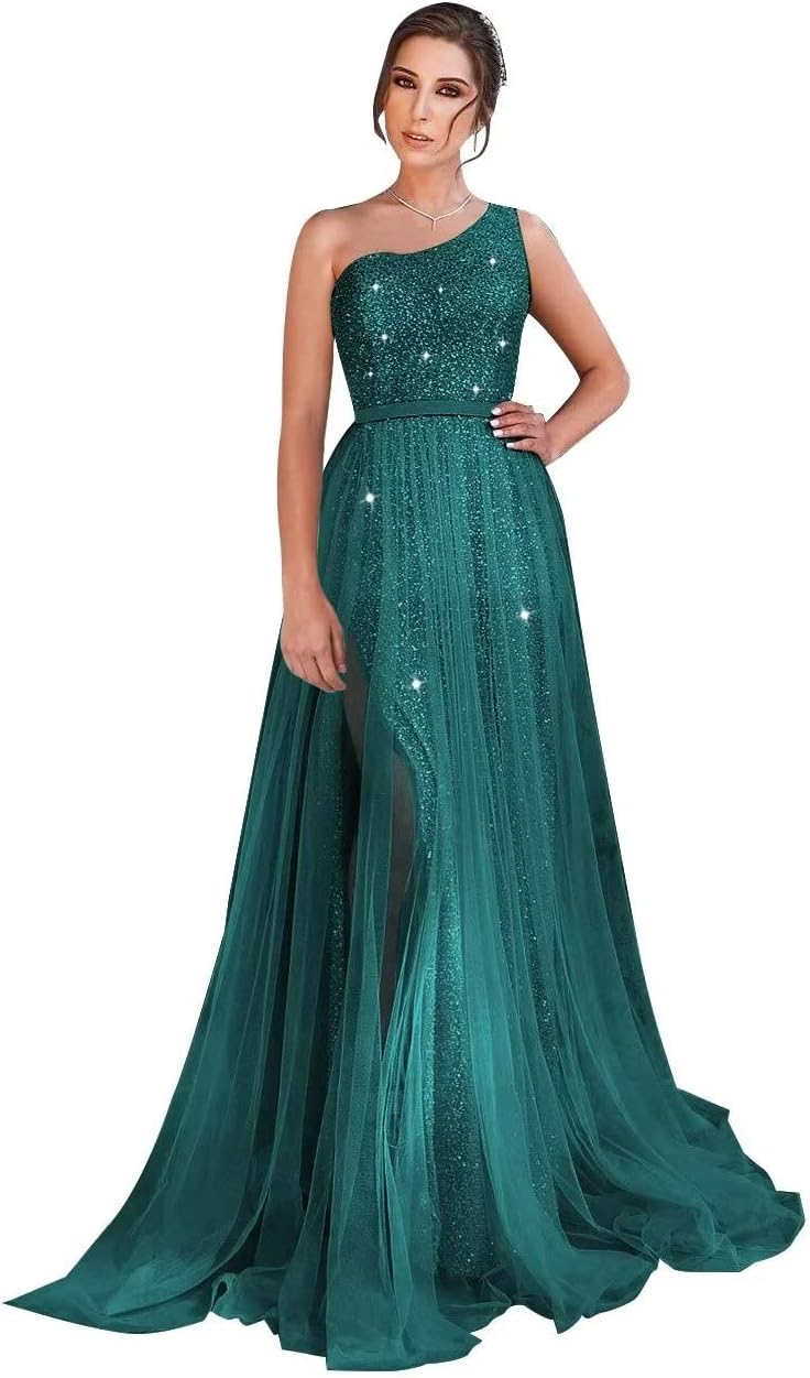 One-Shoulder-Ballkleid mit Pailletten, formelle Kleider für Damen, funkelnde Abendkleider, Tüll-Ballkleid 