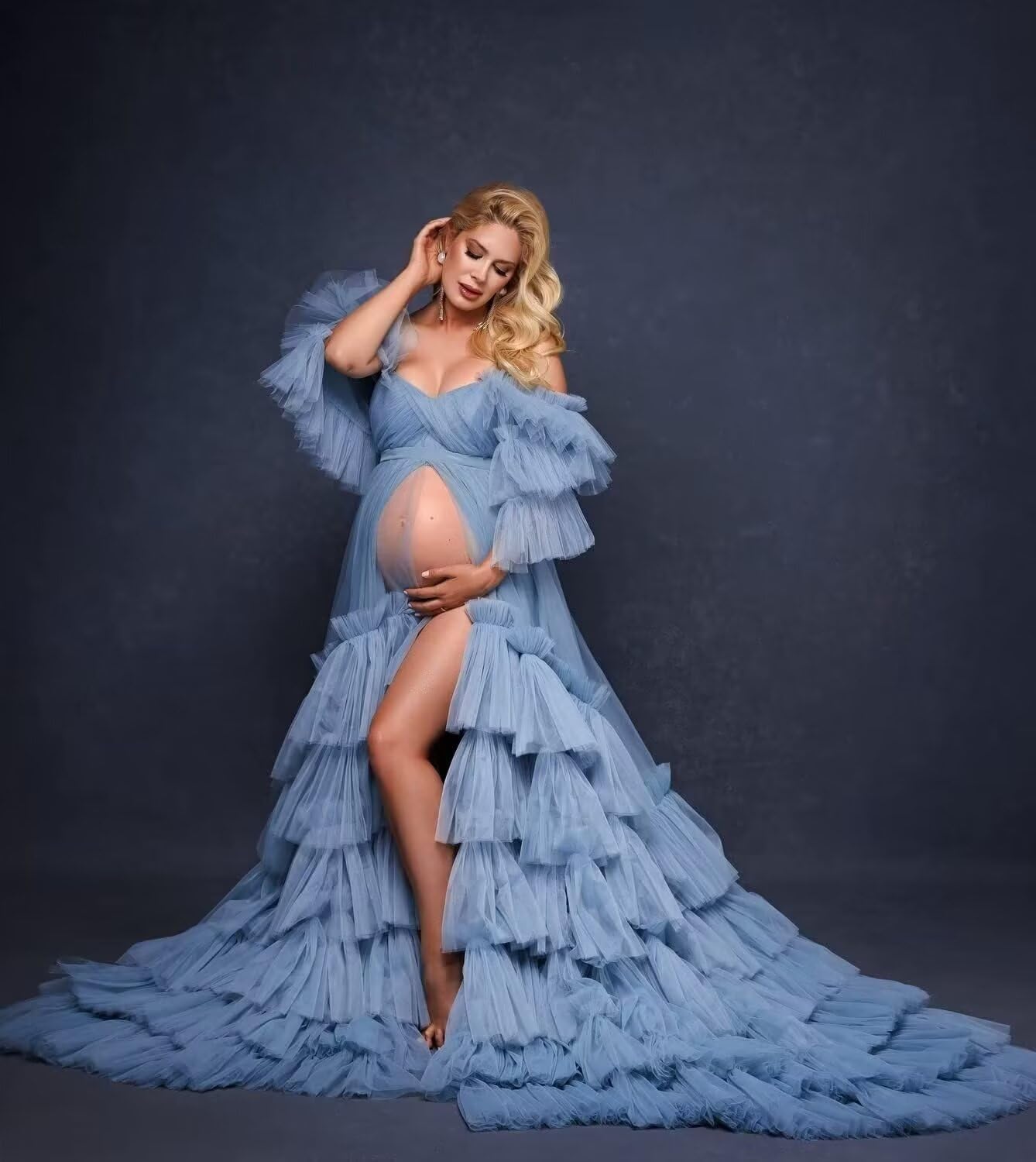 Puffy Tulle Robe Maternity Dress for Photoshoot Off Shoulder Bridal Lingerie Maternity Gowns for BabyShower