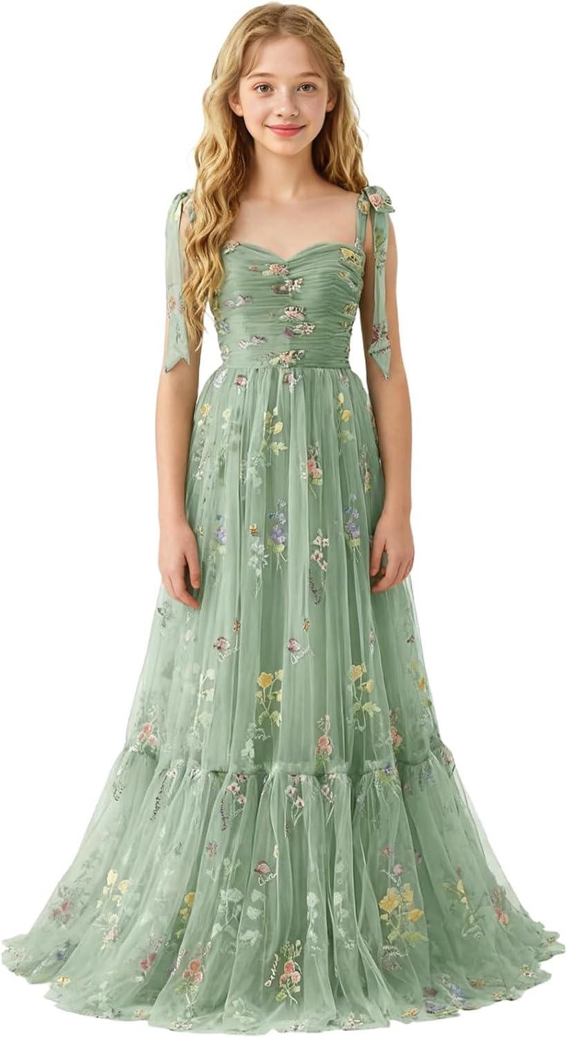Floral Embroidered Tulle Flower Girl Dress Sweetheart Junior Bridesmaid Dresses Tiered Ruffled Formal Party Prom Gown