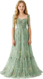 Floral Embroidered Tulle Flower Girl Dress Sweetheart Junior Bridesmaid Dresses Tiered Ruffled Formal Party Prom Gown