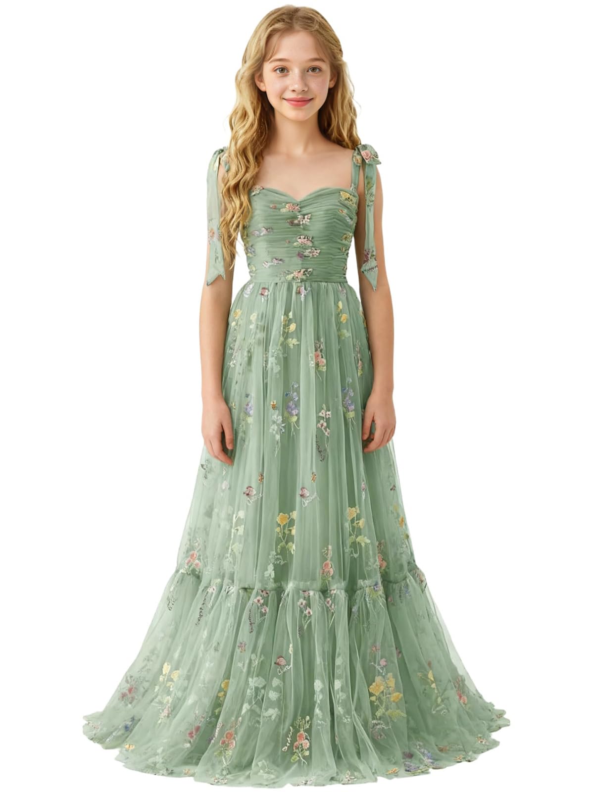 Floral Embroidered Tulle Flower Girl Dress Sweetheart Junior Bridesmaid Dresses Tiered Ruffled Formal Party Prom Gown