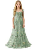 Floral Embroidered Tulle Flower Girl Dress Sweetheart Junior Bridesmaid Dresses Tiered Ruffled Formal Party Prom Gown