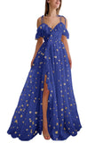 Tulle Cold Shoulder Long Sparkly Prom Dress Starry Ruffle Hem Slit Formal Party Dress Evening Gowns