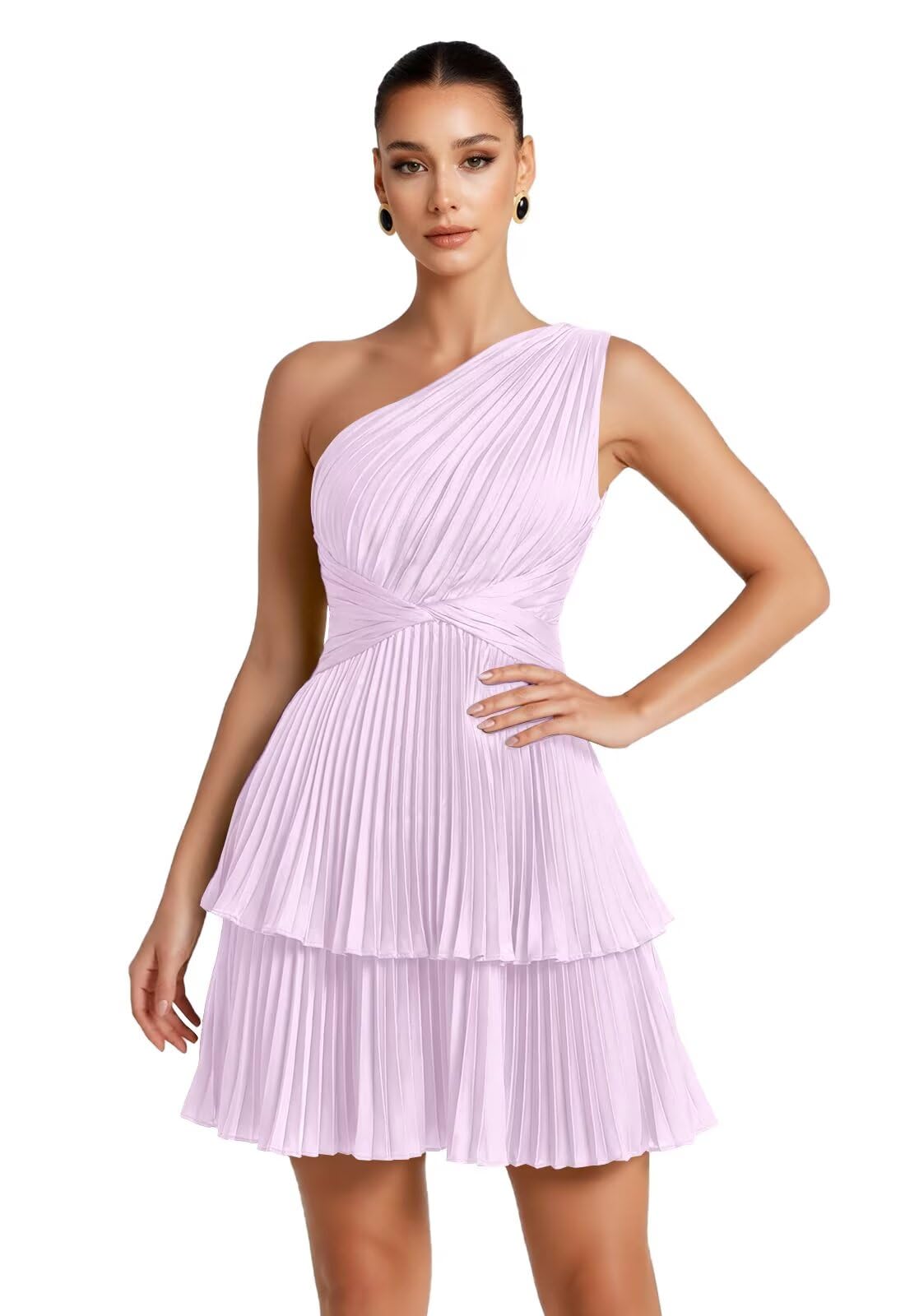 One Shoulder Satin Homecoming Dresses for Teens 2026 Short A-line Prom Dress Pleated Tiered Cocktail Party Gowns