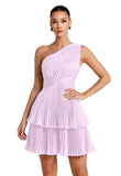 One Shoulder Satin Homecoming Dresses for Teens 2026 Short A-line Prom Dress Pleated Tiered Cocktail Party Gowns