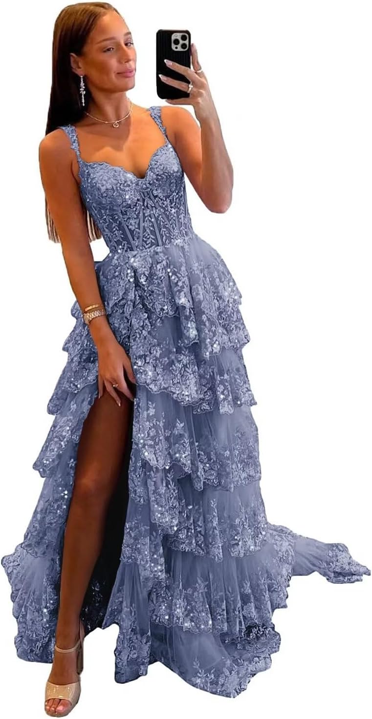 Vestido de fiesta de tul con encaje y capas, tirantes finos y abertura larga, corsé brillante, vestidos formales de fiesta de noche 