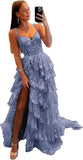 Vestido de fiesta de tul con encaje y capas, tirantes finos y abertura larga, corsé brillante, vestidos formales de fiesta de noche 