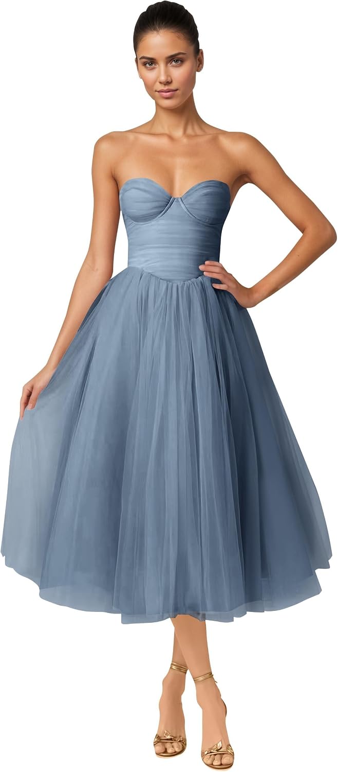 Strapless Prom Dresses Sweetheart Tulle Ball Gowns Corset Short Homecoming Dresses Pleated Lace-up Evening Dresses