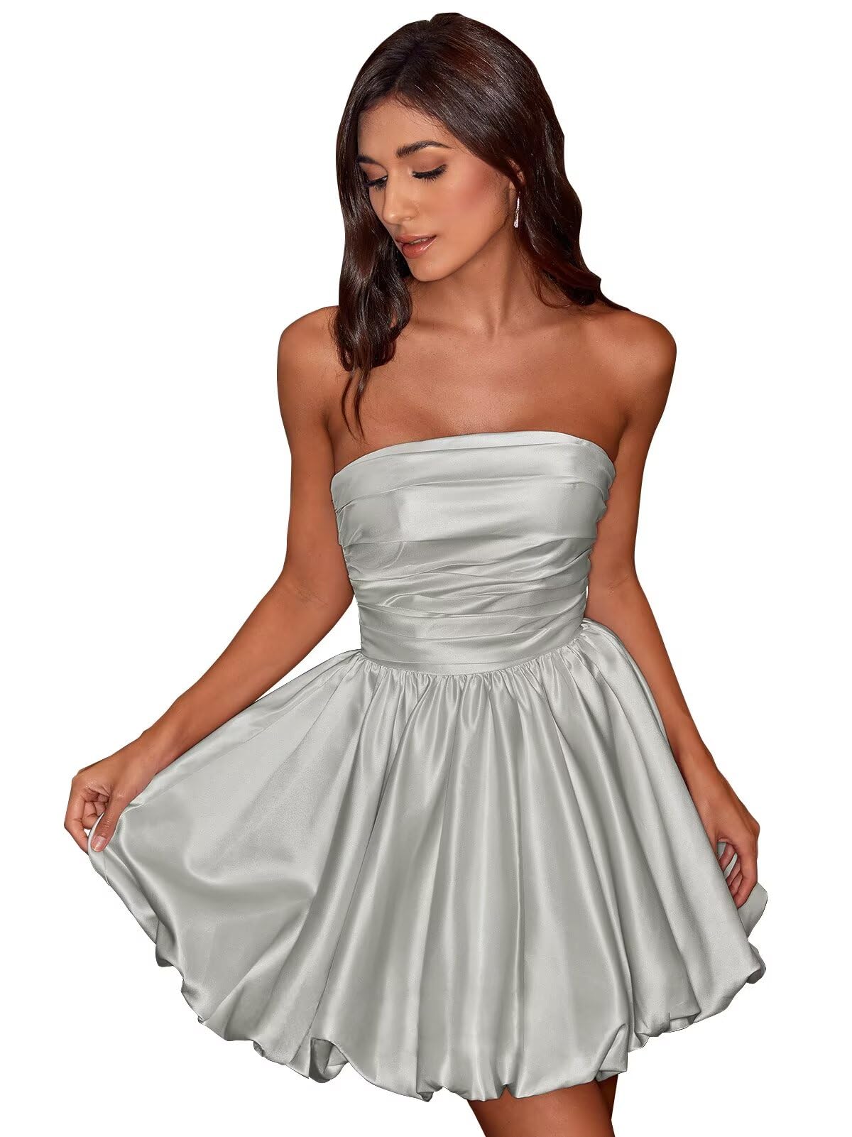 Short Satin A-Line Ruched Homecoming Dresses for Teens Strapless Ruched Mini Formal Cocktail Party Dress