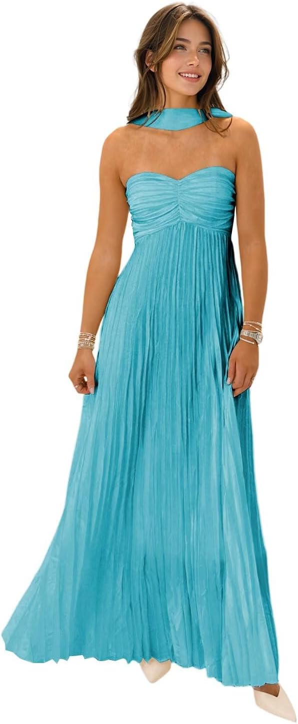 Flowy Chiffon Bridesmaid Prom Dress with Scarf Strapless Pleated Formal Evening Dresses