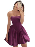 Satin Flower Bud Homecoming Dress Short Prom Dress Cowl Neck Pleated A Line Mini Cocktail Party Gown
