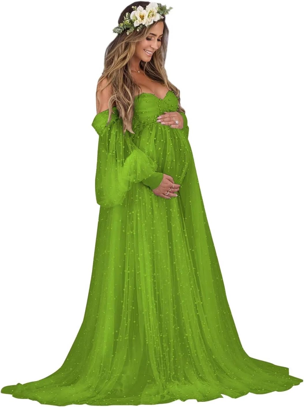Kingbridal Pearl Tulle Maternity Dress for Photoshoot Long Puffy Sleeve Pregnancy Gown
