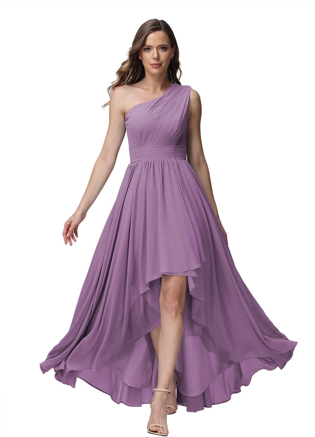 Vestido de dama de honor de un solo hombro para mujer, vestido formal de noche de gasa con bolsillos y corte alto bajo
