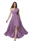 Vestido de dama de honor de un solo hombro para mujer, vestido formal de noche de gasa con bolsillos y corte alto bajo