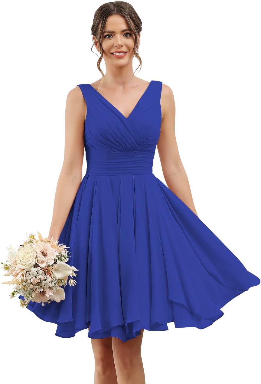 Double V Neck Short Bridesmaid Dresses for Women 2025 Chiffon A Line Formal Evening Gowns with Pockets