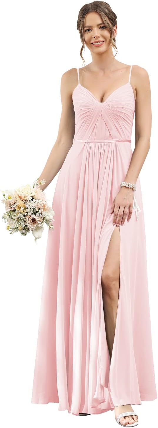Vestidos de dama de honor largos con tirantes finos y bolsillos, plisados, formales, de noche, con abertura 