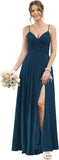 Vestidos de dama de honor largos con tirantes finos y bolsillos, plisados, formales, de noche, con abertura 
