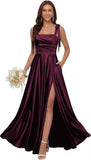 Satin Bridesmaid Dresses with Slit Spaghetti Straps Square Neck Long Formal Dress