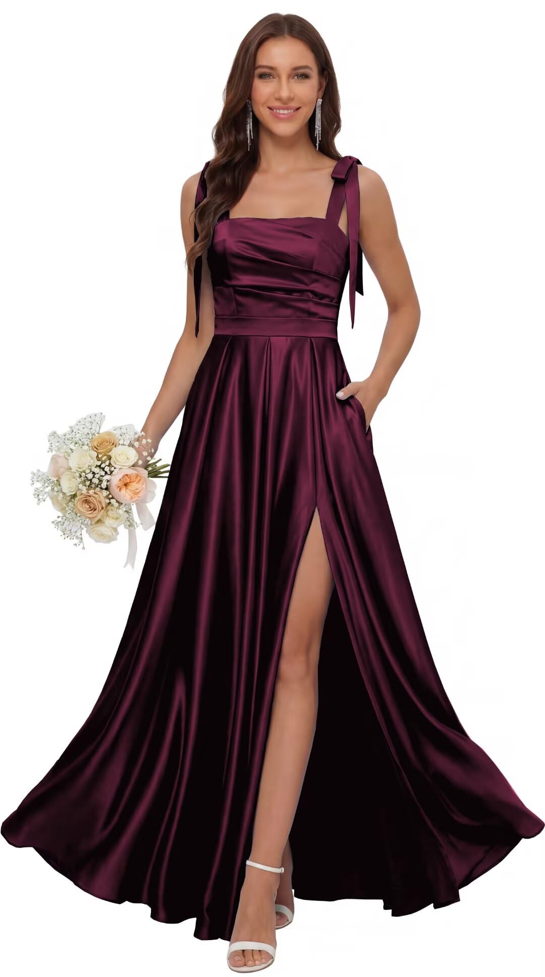 Satin Bridesmaid Dresses with Slit Spaghetti Straps Square Neck Long Formal Dress