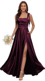 Satin Bridesmaid Dresses with Slit Spaghetti Straps Square Neck Long Formal Dress
