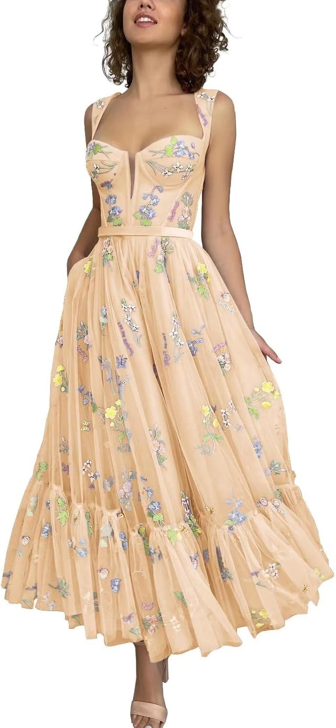 Vestidos de tul con bordado floral para mujer 2024, vestidos formales de fiesta de noche 