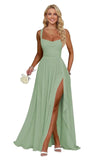 Ruffle Chiffon Bridesmaid Dress Long Square Neck Pleated Formal Gowns with Slit for Women Plus Size Spaghetti Straps Ruffles