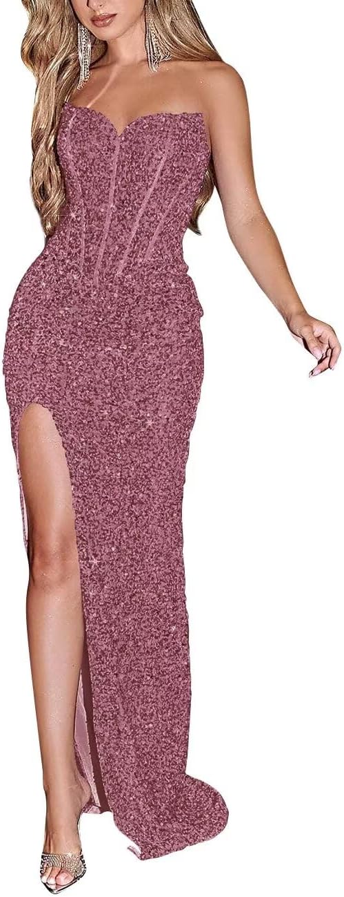 Sparkly Sequin Prom Dresses for Women 2025 Long Mermaid Strapless Glitter Formal Evening Prom Ball Gown with Slit
