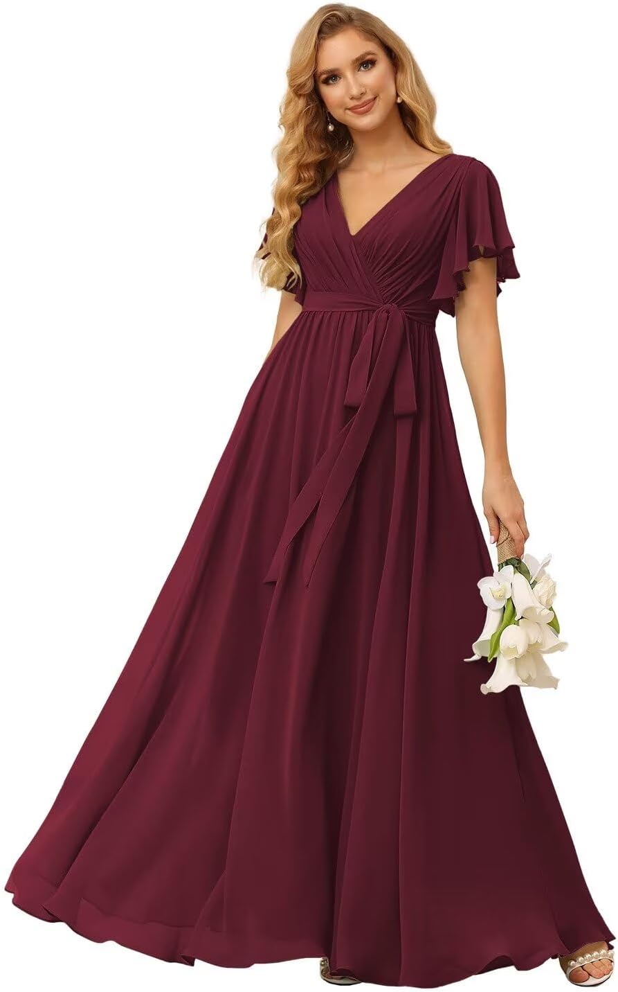 Damen Brautjungfernkleider mit Flatterärmeln, lang, mit Taschen, V-Ausschnitt, Chiffon, formelle Kleider 