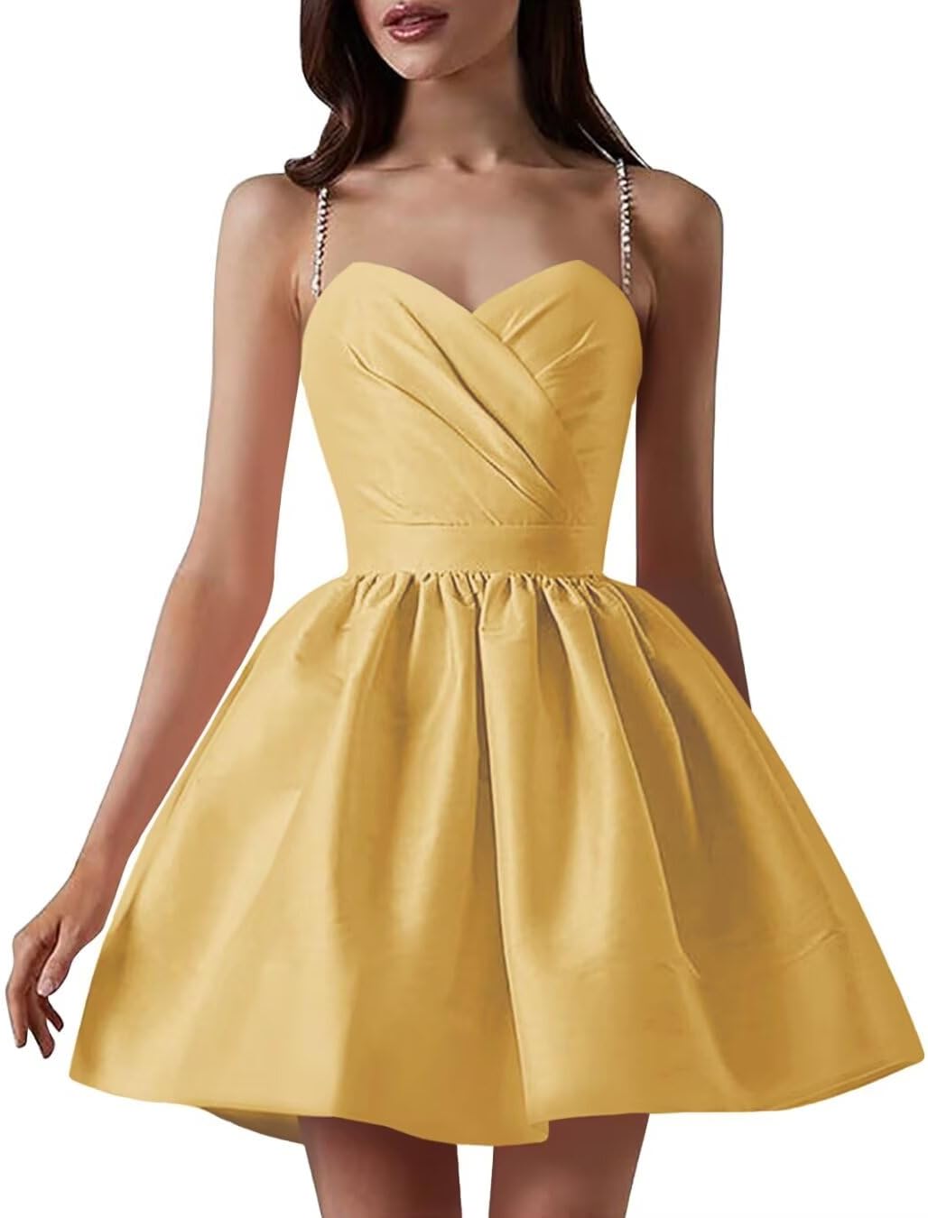 Satin Homecoming Dresses for Teens Spaghetti Straps Short Prom Dress A-Line Cocktail Wedding Guest Dress