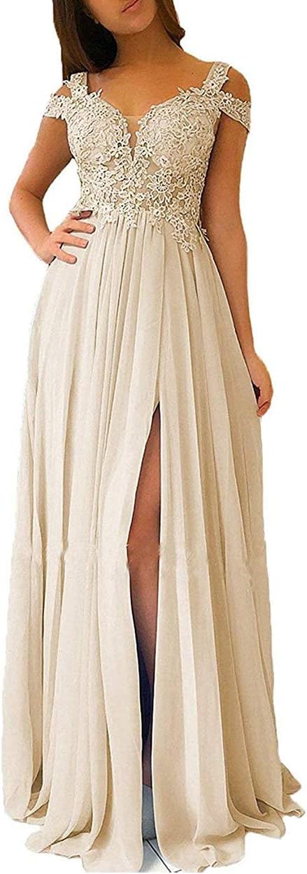 Women's Lace Appliques Prom Dresses Long with Slit Cold Shoulder Formal Party Gown