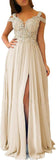 Women's Lace Appliques Prom Dresses Long with Slit Cold Shoulder Formal Party Gown