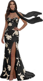Floral Prom Dresses for Teens Strapless Mermaid Corset Tulle Formal Evening Gown with Slit Scarf