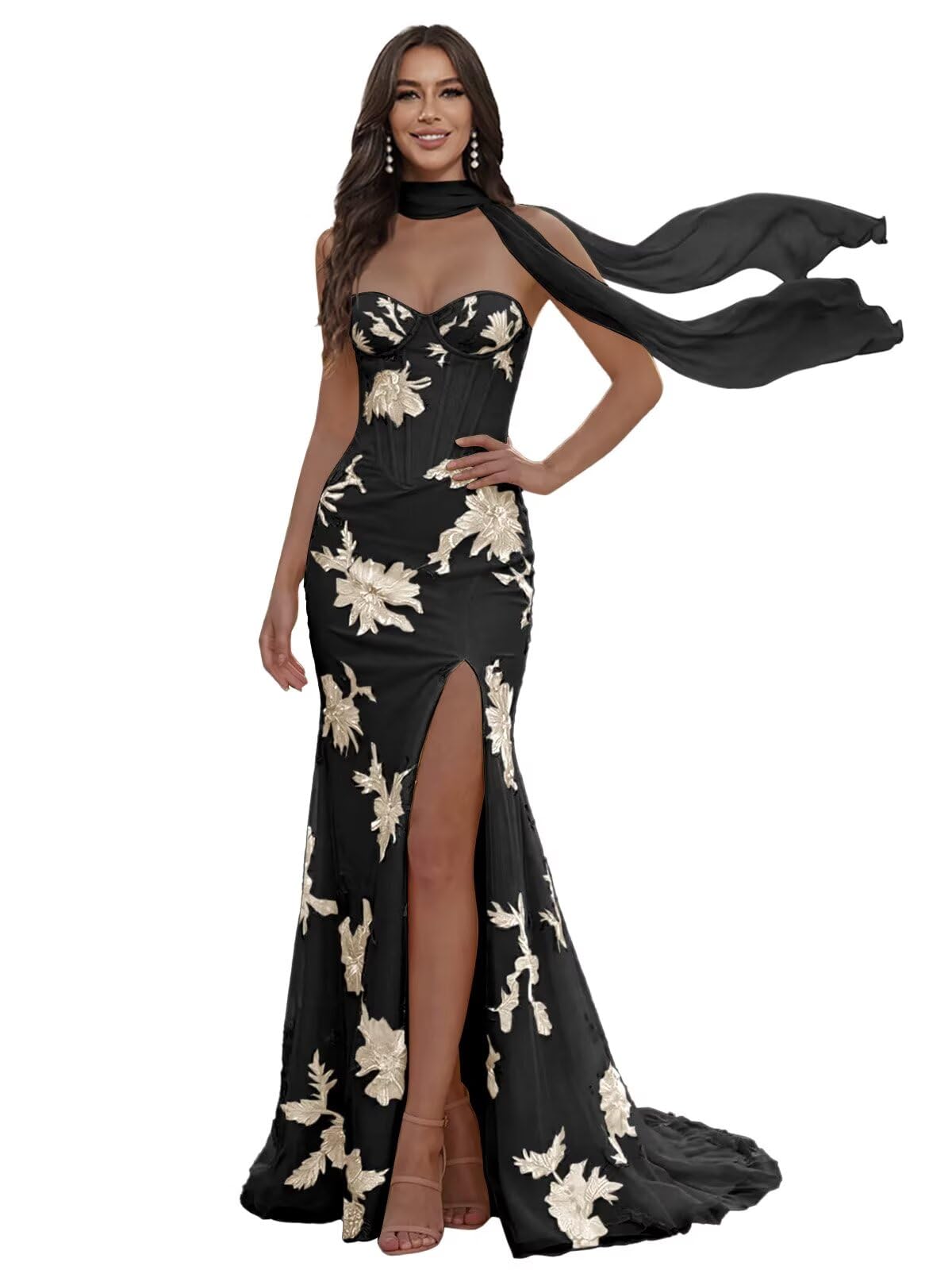 Floral Prom Dresses for Teens Strapless Mermaid Corset Tulle Formal Evening Gown with Slit Scarf