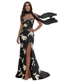 Floral Prom Dresses for Teens Strapless Mermaid Corset Tulle Formal Evening Gown with Slit Scarf