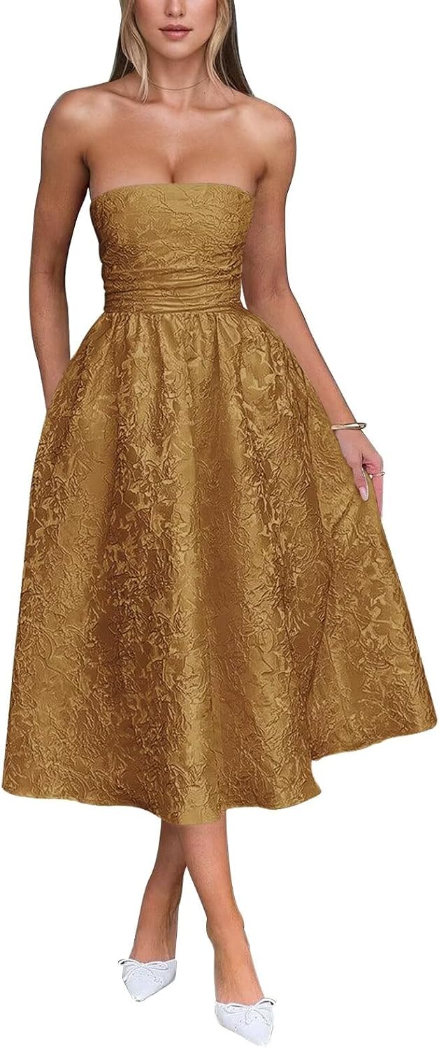 Satin Floral Jacquard Prom Dress for Women Strapless Corset Tea Length Formal Cocktail Evening Gowns