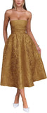 Satin Floral Jacquard Prom Dress for Women Strapless Corset Tea Length Formal Cocktail Evening Gowns