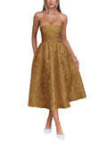 Satin Floral Jacquard Prom Dress for Women Strapless Corset Tea Length Formal Cocktail Evening Gowns