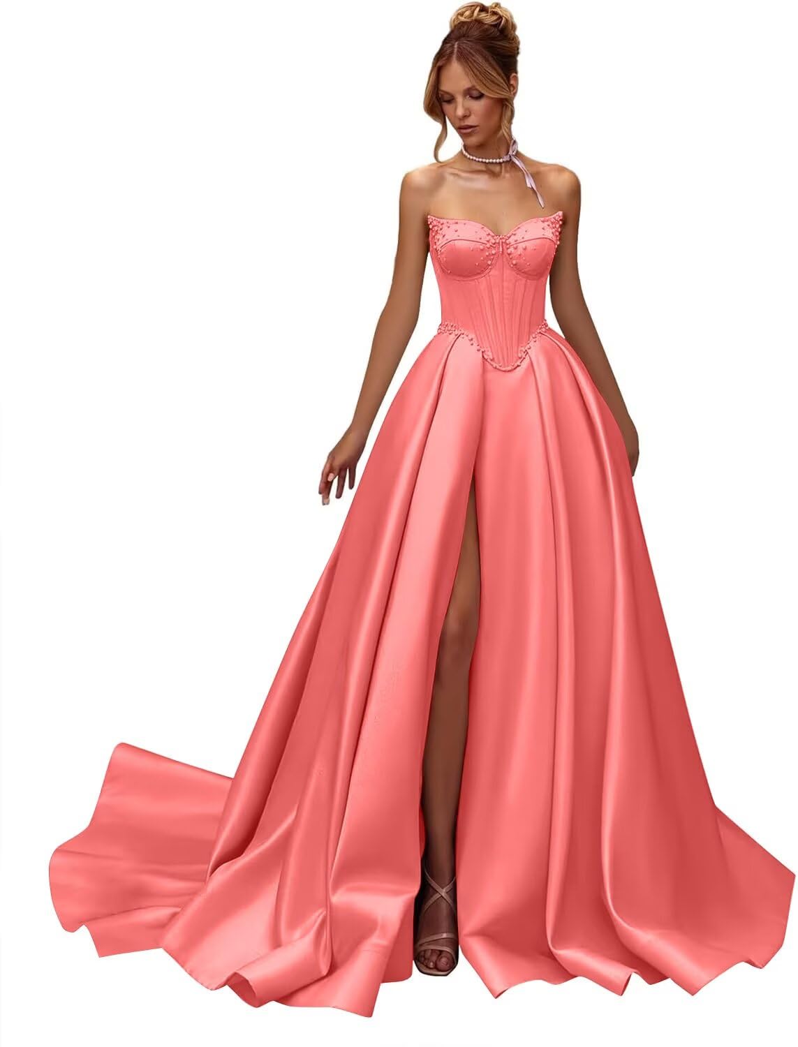 Kingbridal Gowns Strapless Prom Dresses for Women 2026 Long Satin A-line Formal Dress with Slit Beaded Corset Evening Party Gowns