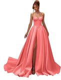 Kingbridal Gowns Strapless Prom Dresses for Women 2026 Long Satin A-line Formal Dress with Slit Beaded Corset Evening Party Gowns